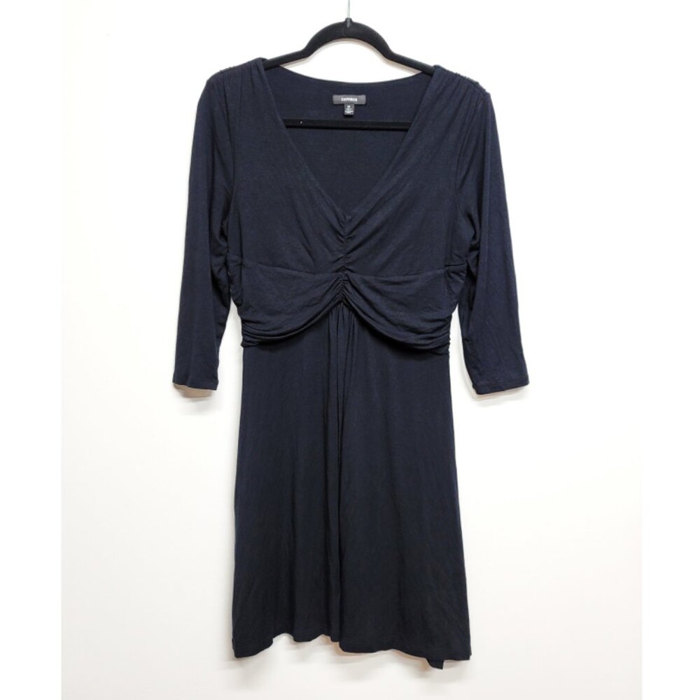 Express Black 3/4 Sleeve V-Neck Ruched A-Line Dress M